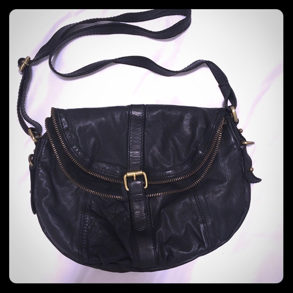 Genuine black leather with brass accents crossbody - Picture 1 of 4